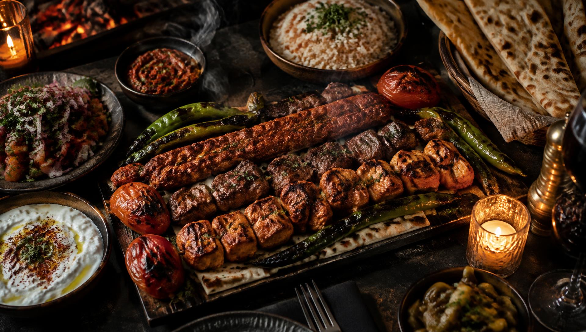Charcoal-grilled Turkish mixed grill by candlelight